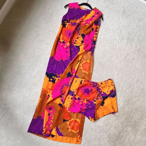 1960s Krist Vibrant Floral Print Dress/Tunic Set, Bold Psychedelic, XS/S - Picture 1 of 16